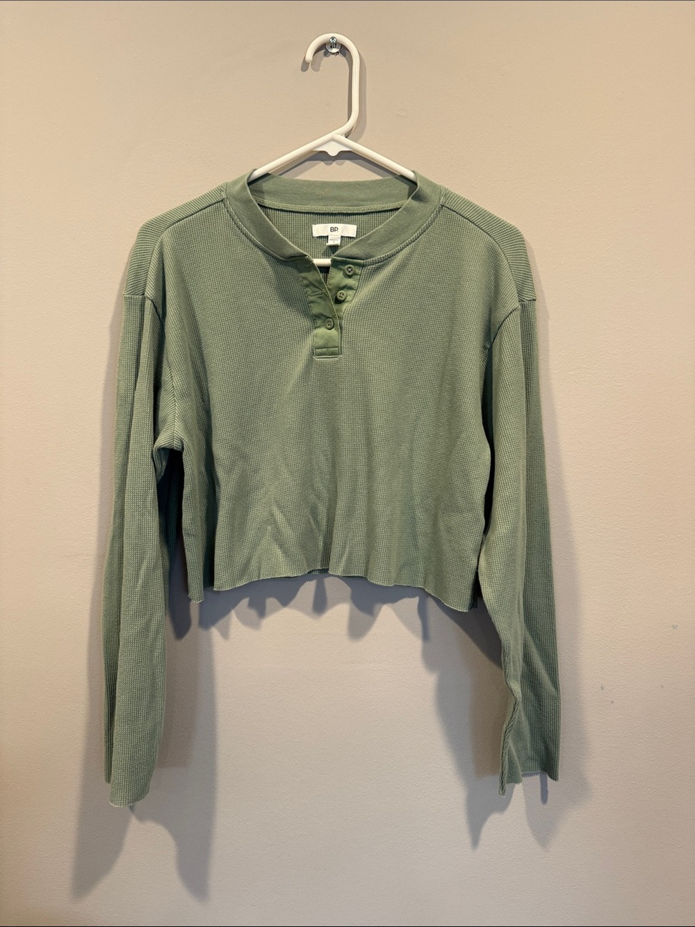 bp Sage Green Cropped Henley Long-Sleeve Top